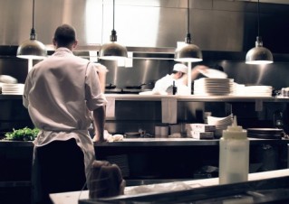 A view into a modern hotel kitchen.